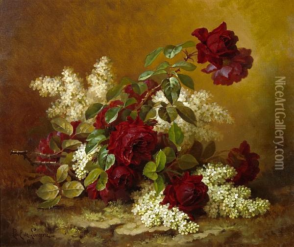 Still Life With Red Roses And Lilacs Oil Painting - Paul De Longpre