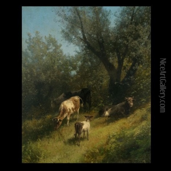 Cows Grazing In Wooded Landscape Oil Painting - Hermann Herzog