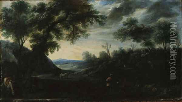 A wooded Landscape with Figures and a horse-drawn Carriage on a Path Oil Painting - Carlo Antonio Procaccini