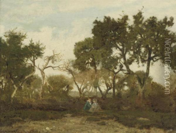 Two Children In A Landscape Oil Painting - Henri-Joseph Harpignies
