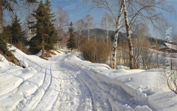 Norwegian Winter Landscape With Children On A Sledging Oil Painting - Peder Mork Monsted