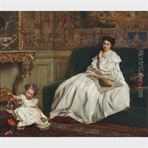 Playtime Oil Painting - Gustave Leonhard de Jonghe