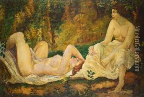 Zwei Frauenakte In Waldlandschaft Oil Painting - Karel Spillar