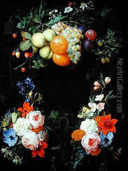 Oranges, peaches, grapes, plums, strawberries, raspberries and other fruit with roses, honeysuckle and other flowers Oil Painting - Joris Van Son