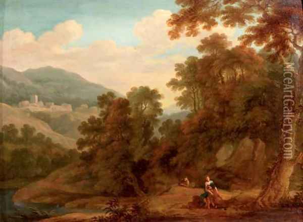 A mountainous wooded landscape with the Ecstasy of Saint Francis Oil Painting - Gaspard Dughet