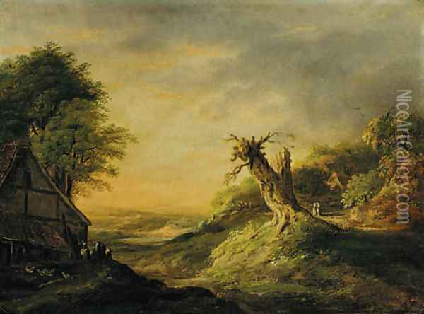 A figure setting off from a cottage carrying two pails Oil Painting - Dutch School
