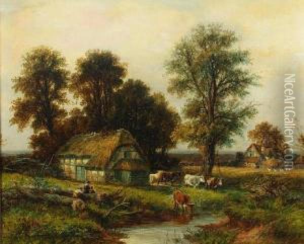 Figures And Cattle By A Hamlet Oil Painting - Thomas Thomas