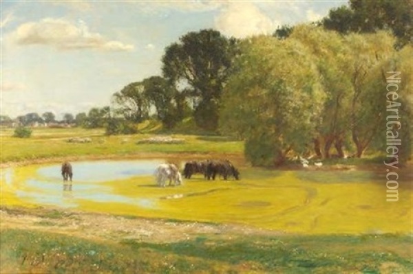 Horses Watering In A Summer Landscape Oil Painting - Sir David Murray