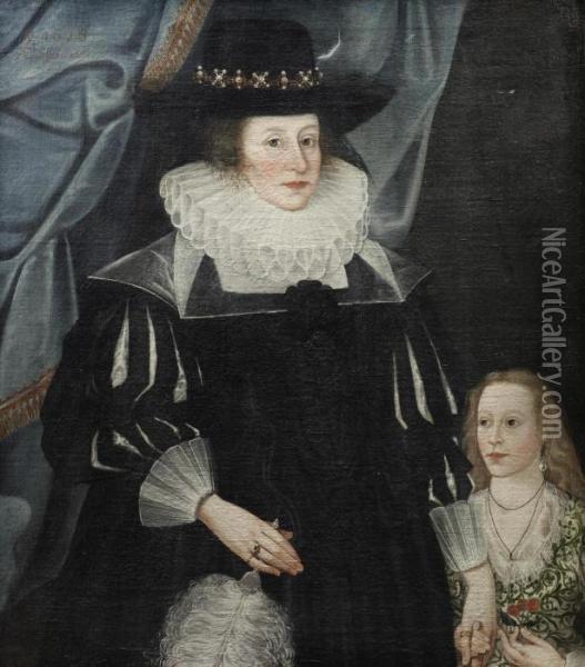 Portrait Of Catherine Babington And Her Daughter Lucy, Standing Before A Blue Curtain Oil Painting - Edward Bower