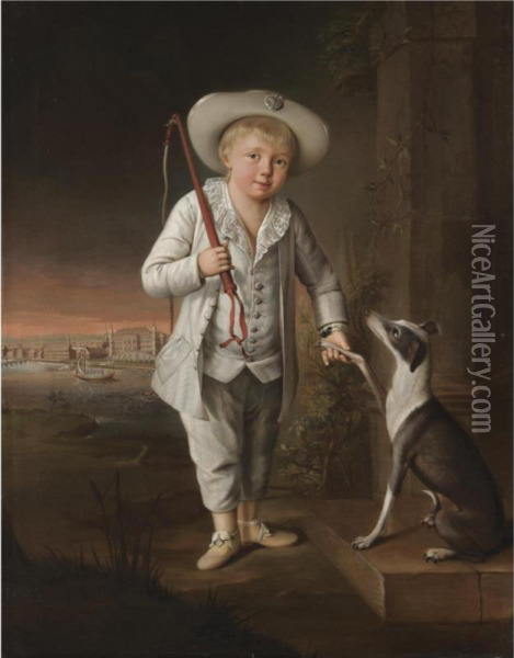 Portrait Of Christian Hohenzollern, Full Length, Wearing A White Costume And Hat, With His Pet Whippet By The River Oder, The Castle Of Schwedt Beyond Oil Painting - Johann Heinrich Chr. Franke