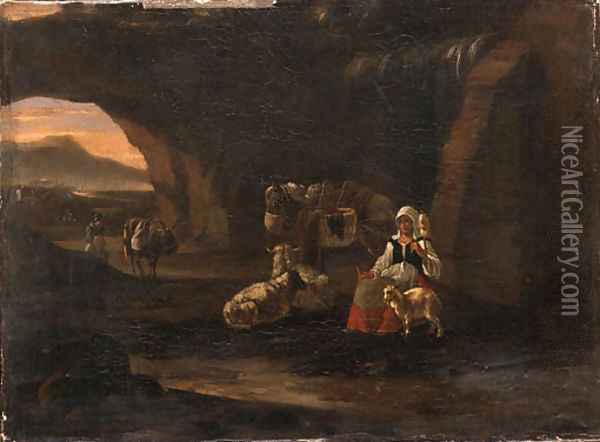 A Shepherdess seated in a Grotto Oil Painting - Dutch School