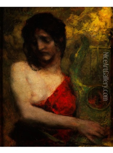 Halbakt Einer Jungen Frau In Rotem Kleid Mit Lyra Oil Painting - Ferdinand Keller