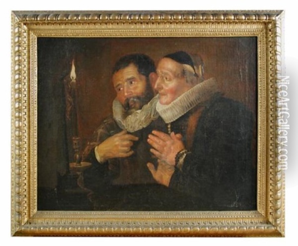 A Lady And Gentleman At Prayer Before A Candlelit Crucifix Oil Painting - Hendrick Terbruggen