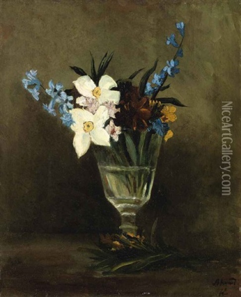 White Flowers In A Vase Oil Painting - Seker Ahmet Pasa