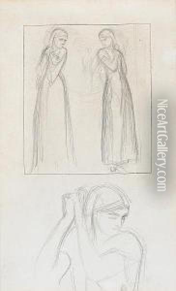 Studies For The Headpiece To 'the Lady Of Shalott': The Lady In Three Poses Oil Painting - William Holman Hunt