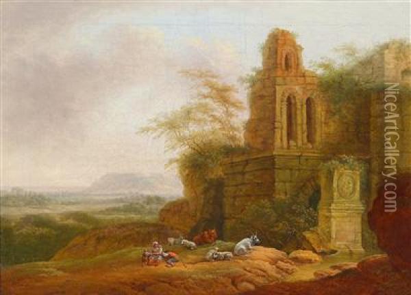 Sudliche Landschaft Mit Ruinen Und Hirtenstaffage Oil Painting - Bernhard Gottfried Manskirch