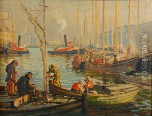 T. Wharf In Boston Oil Painting - Arthur C. Goodwin