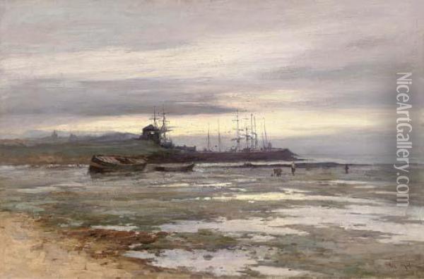 Low Tide At Sunset, East Coast Oil Painting - Joseph Milner