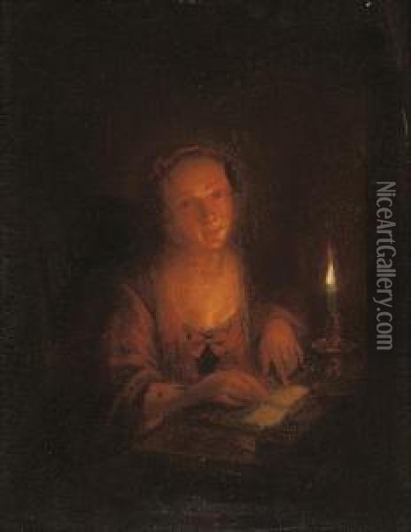A Girl Reading By Candlelight In An Interior Oil Painting - Arnold Boonen