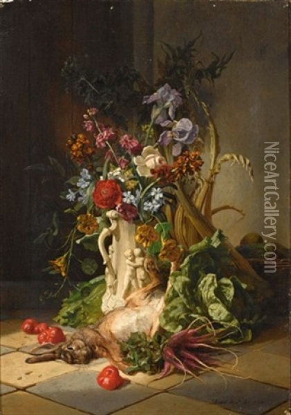 A Kitchen Still Life With Flowers Oil Painting - David Emile Joseph de Noter