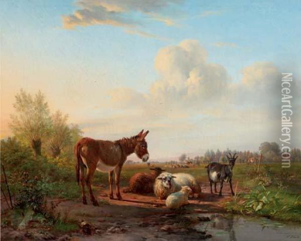 Cattle Resting By A Pool Oil Painting - Frans Lebret