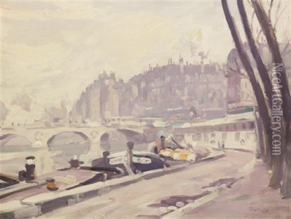Les Quais De La Seine, Paris Oil Painting - George Oberteuffer