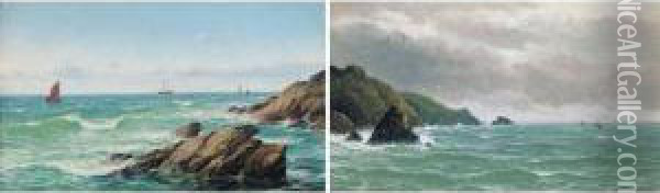 Off The Cornish Coast; A Bright Day, Pembrokeshire Coast Oil Painting - David James