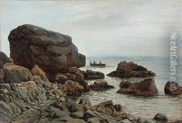 Rocky Coast Presumably From Capri With Two Persons In A Rowboat Oil Painting - Harald-Adof-Nikolaj Jerichau