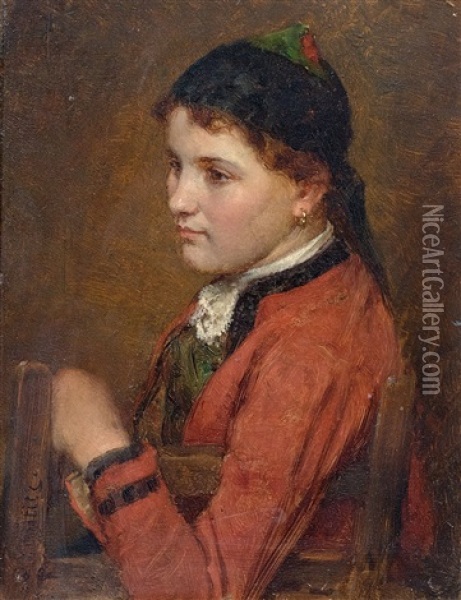 Girl In A Red Dress Oil Painting - Marc Louis Benjamin Vautier the Elder