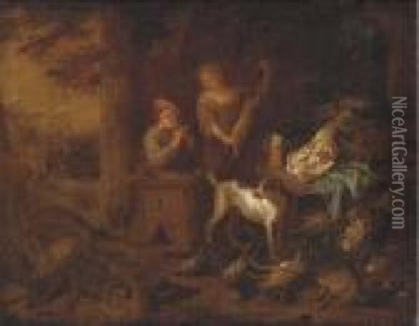 A Hunter And His Dog Home From The Hunt With Their Prize Oil Painting - Adriaen de Gryef