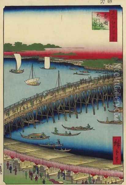 Ryogoku Bridge and the Great Riverbank (Ryogokubashi Okawabata) Oil Painting - Utagawa or Ando Hiroshige