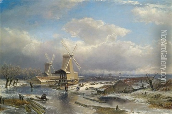 Hollandische Winterlandschaft Mit Zugefrorenem Kanal Oil Painting - Pieter Lodewijk Francisco Kluyver