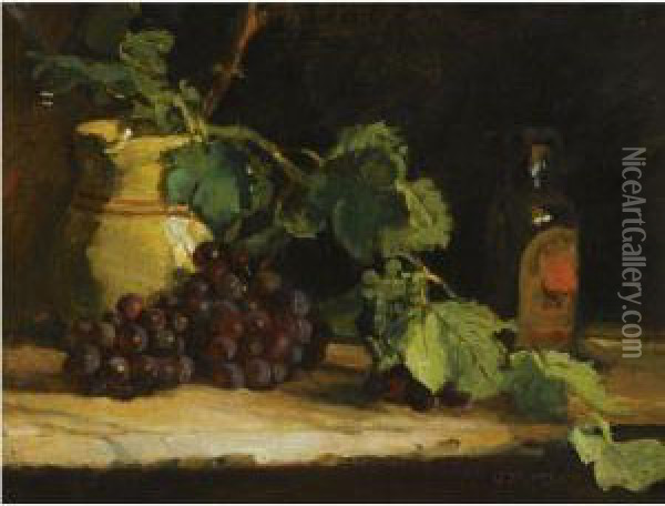 A Still Life With Grapes, A Jug And A Bottle On A Ledge Oil Painting - George, Jurgen Pletser