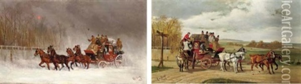 The Winter Royal Mail Coach (+ The Summer Royal Mail Coach; 2 Works) Oil Painting - Alfred F. De Prades
