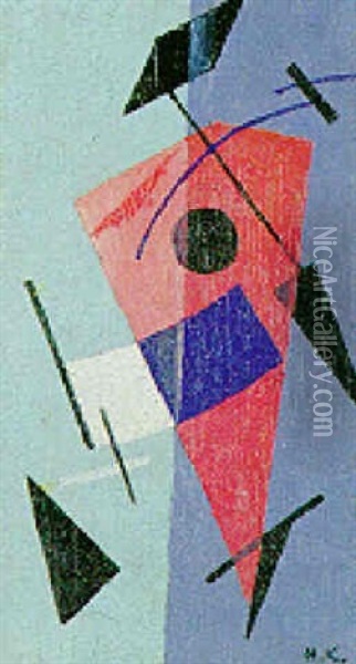 Red Kite Shape On A Split Grey Background Oil Painting - Ivan Vasilievich Klyun