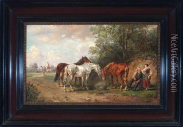 Rast Am Dorfrand - Bauernperchen Mit Drei Pferden Oil Painting - Cornelius H. Hankins