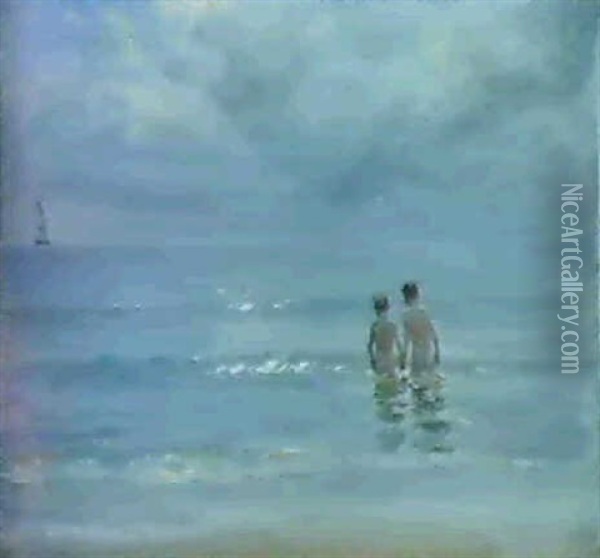 Boys Bathing On The Beach At Skagen. Oil Painting - Peder Severin Kroyer