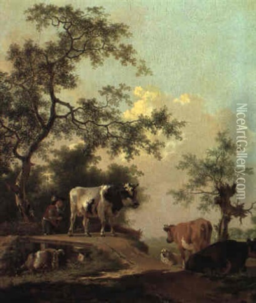 Drover Driving A Bull Over A Bridge Oil Painting - Barend Hendrik Thier