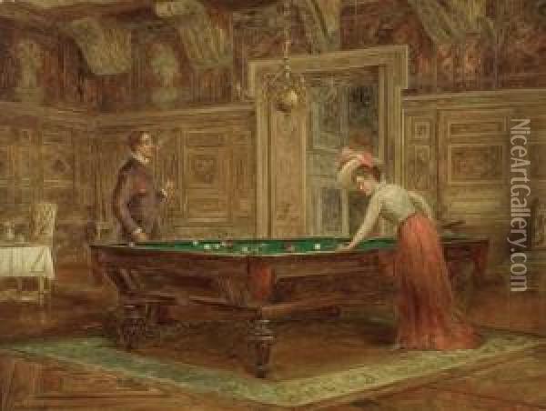 A Game Of Billiards Oil Painting - August Laux