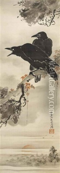Two Crows Above Asakusa At Dawn Oil Painting - Kawanabe Kyosai