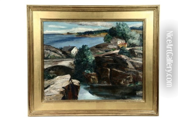 Maine Coastal Scene With Arched Bridge Oil Painting - Ann Brockman