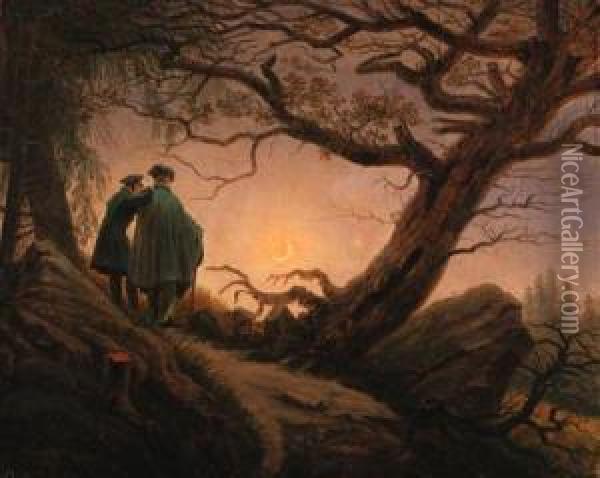 Zwei Mnner In Betrachtung Des Mondes Oil Painting - Caspar David Friedrich