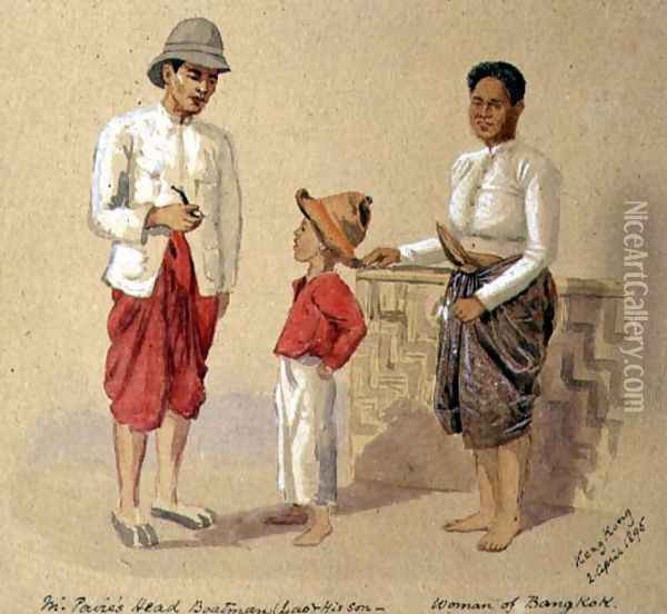 Lao, the head boatman, with his son and a woman of Bangkok, 1895 Oil Painting - Major General R.G. Woodthorpe