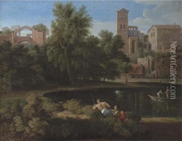 A Classical Landscape With Figures Resting By A Lake Oil Painting - Gaspard Dughet Poussin