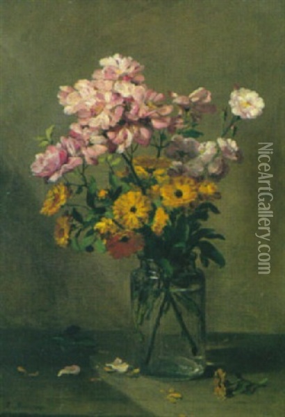 Stilleben Mit Rosen Und Arnika In Einmachglas Oil Painting - Philippe Rousseau