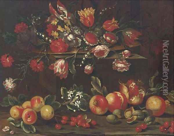 Carnations, tulips, roses, narcissi and other flowers in a dish on a ledge with pomegranates, cherries and nuts below Oil Painting - Giuseppe Recco