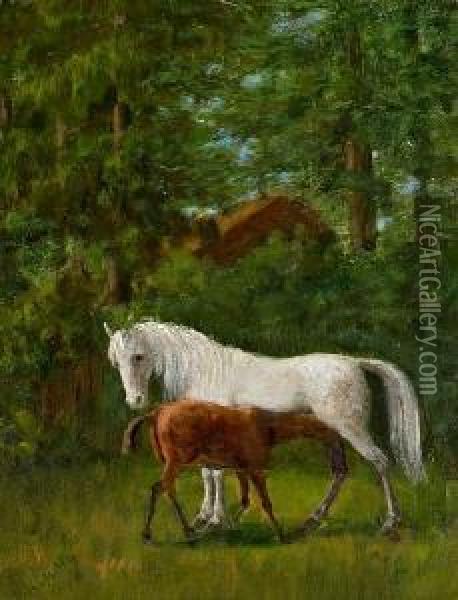 Horses In A Landscape. Signed A. Lunn Oil Painting - Agnes Lunn