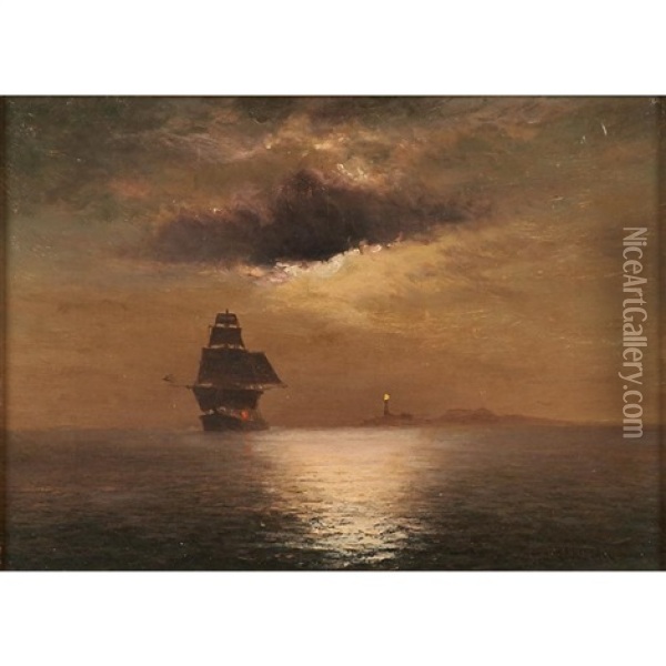 Moonlit Maritime Scene With Lighthouse Oil Painting - William Formby Halsall