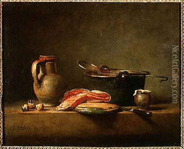 Copper Cauldron with a Pitcher and a Slice of Salmon Oil Painting - Jean-Baptiste-Simeon Chardin