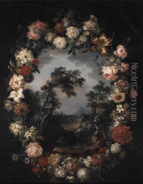 A Wreath Of Flowers Surrounding A Mountainous River Landscape Oil Painting - Vincenzo Martinelli